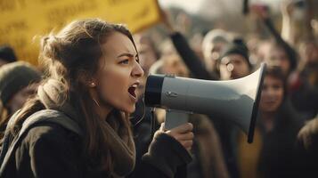 ai generato femmina attivista grido in un' megafono circondato di un' folla di persone manifestanti durante un' popolare rally. pubblico opinione e disapprovazione, dimostrazione, protesta. foto