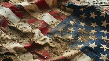 ai generato sporco bandiera di il unito stati di America, simbolico Immagine per distrutto e rotto unito stati di America foto