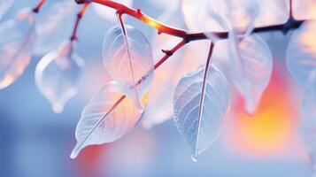 ai generato multicolore traslucido ghiaccio le foglie su albero ramo nel delicato morbido leggero evocando senso di soggezione foto