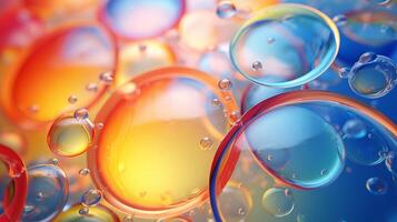 ai generato ipnotizzante colorato olio macchie e vivace bolle come dinamico astratto sfondo, vicino su Visualizza foto