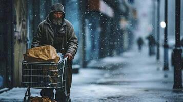 ai generato disperato senza casa uomo trasporta shopping carrello con il suo effetti personali foto