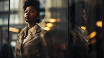 ai generato afroamericano donna d'affari bicchiere riflessione. razziale discriminazione a opera. simboleggia tutti e due un' letterale e metaforico barriera, evidenziazione il sfide lei facce entro nel ufficio. foto