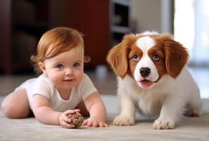 ai generato cucciolo giocando con un' bambino su il pavimento foto