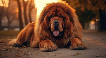 ai generato molto grande cane seduta su il terra, caldo colore tavolozze, foto