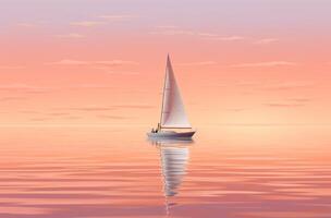 ai generato tramonto leggero riflettendo su un' barca a vela foto