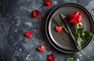 ai generato San Valentino cibo, piatti, forchetta, coltello e rosa foto