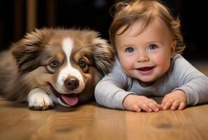 ai generato cucciolo giocando con un' bambino su il pavimento foto