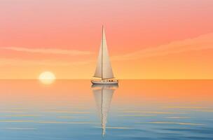 ai generato tramonto leggero riflettendo su un' barca a vela foto