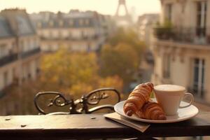 ai generato Due piatti di Cornetti e un' tazza di caffè seduta su un' balcone su un' Parigi paesaggio urbano foto