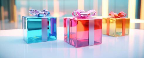 ai generato tre colorato regalo scatole su un' bicchiere tavolo, foto