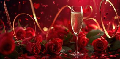 ai generato San Valentino giorno Champagne e Rose con cuore telaio foto