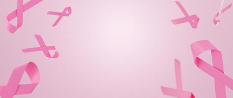 simbolo del nastro rosa del mese di consapevolezza del cancro al seno su sfondo rosa con spazio di copia. illustrazione di rendering 3D.