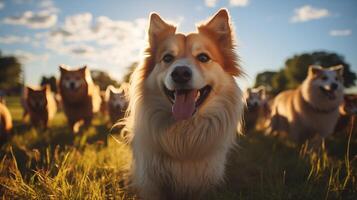 ai generato cane parco cameratismo gioioso e commovente, mattina, angolo ampio tiro di cani socializzazione a il parco. foto