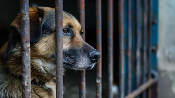 ai generato vagante triste cane si siede dietro a barre nel cane riparo e in attesa foto