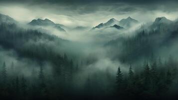 ai generato buio nebbioso foresta fondale incantata boschi cupo nebbioso boschetto mistero Halloween sfondo incubo foto