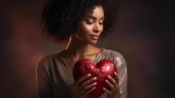 ai generato afro americano donna Tenere cuore simbolo San Valentino giorno regalo. amore e romantico emozione concetto. foto