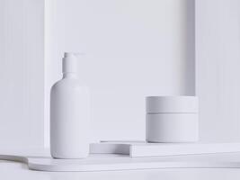 realistico cosmetico bottiglia. bellezza Prodotto contenitore impostare, plastica bottiglia illustrazione vuoto. spray bottiglia, crema tubo e vaso modello collezione su il podio 3d. chiaro terme igiene oggetto foto