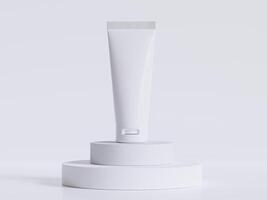 realistico cosmetico bottiglia. bellezza Prodotto contenitore impostare, plastica bottiglia illustrazione vuoto. spray bottiglia, crema tubo e vaso modello collezione su il podio 3d. chiaro terme igiene oggetto foto