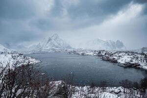 bufera di neve nel pesca villaggio su costa a lofoten isole foto