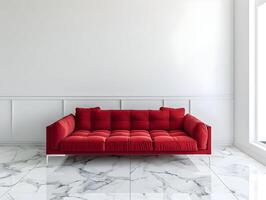 ai generato moderno grande rosso divano per vivente camera su un' pulito luminosa bianca parete sfondo e marmo pavimento. alta risoluzione. ai generativo foto