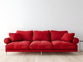 ai generato moderno grande rosso divano per vivente camera su un' pulito luminosa bianca parete sfondo e di legno pavimento. alta risoluzione. ai generativo foto