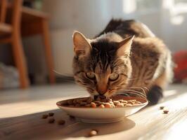 ai generato un' Marrone gatto mangia gatto cibo nel un' leggero luminosa camera. giallo luce del sole. alto qualità. ai generativo foto