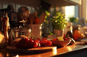 ai generato accogliente cucina nel un' Casa al di fuori il città mentre cucinando foto