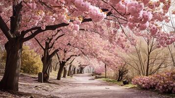 ai generato tranquillo, calmo passeggiare sotto un' baldacchino di fioritura ciliegia fiori foto