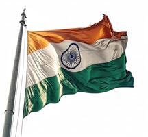ai generato il vento svolazza un indiano bandiera nel davanti di un' bianca sfondo foto