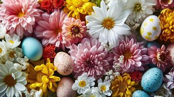 ai generato Pasqua con un esplosione di fioritura fiori integrato di Pasqua uova foto