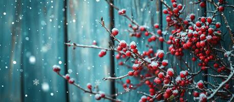 ai generato rosso agrifoglio frutti di bosco contro un' di legno fondale con neve foto