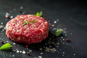 ai generato hamburger polpetta fatto a partire dal crudo terra Manzo su un' nero sfondo. ai generato. foto