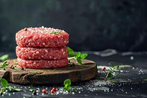 ai generato hamburger tortini fatto a partire dal crudo terra Manzo su un' nero sfondo. ai generato. foto