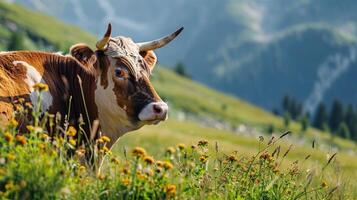 ai generato mucca su un' pascolo nel un' montagnoso la zona. ai generato. foto