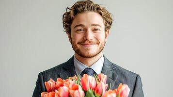 ai generato un' giovane uomo nel un' classico completo da uomo con un' cravatta detiene un' mazzo di tulipani e sorrisi. ai generato. foto