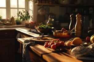 ai generato accogliente cucina nel un' Casa al di fuori il città mentre cucinando foto