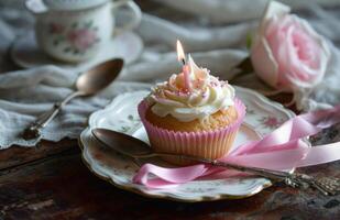 ai generato minuscolo Cupcake con candela e rosa nastro foto