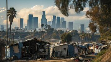 ai generato profugo campo riparo per senza casa nel davanti di los angeles città orizzonte foto