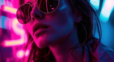 ai generato donna indossare occhiali da sole e rosa neon luci foto