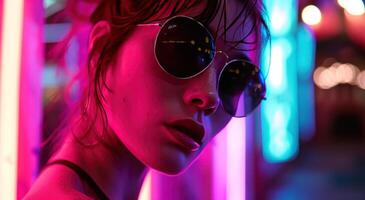 ai generato donna indossare occhiali da sole e rosa neon luci foto