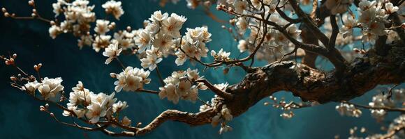 ai generato un' albero nel il primavera con bianca fioriture su esso foto