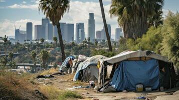 ai generato profugo campo riparo per senza casa nel davanti di los angeles città orizzonte foto