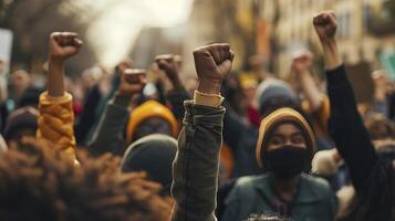 ai generato multietnico persone aumentare loro pugni su nel il aria nel un' protesta. foto