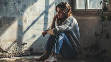 ai generato donne seduta su il pavimento con depressione, famiglia i problemi, domestico violenza, fermare violenza e abuso ,sessuale abuso, umano traffico, stupro, il concetto di depressione e suicidio foto