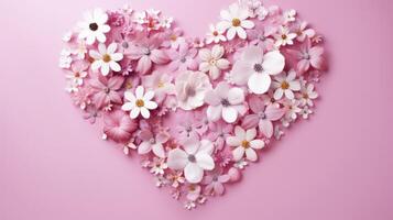 ai generato cuore forma fatto di rosa fiori contro pastello rosa sfondo foto