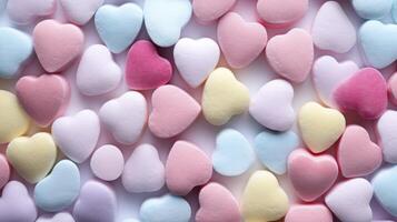 ai generato sfondo di brillantemente colorato caramella cuori per San Valentino giorno. foto