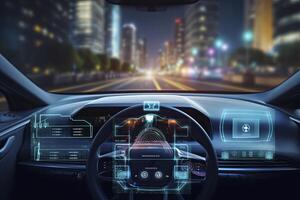 ai generato moderno inteligente auto tecnologia intelligente sistema utilizzando teste su Schermo hud autonomo se stesso guida modalità veicolo su città strada con grafico sensore radar segnale sistema intelligente macchina. foto