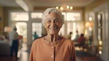 ai generato anziano nonna sorridente a la pensione casa - generato con ai foto