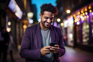 ai generato contento sorridente rilassato giovane uomo d'affari Tenere smartphone utilizzando mobile Telefono digitale tecnologia app. generativo ai. foto