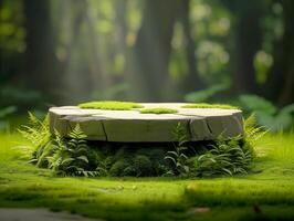 ai generato un' pietra tavolo nel il mezzo di un' verde foresta foto